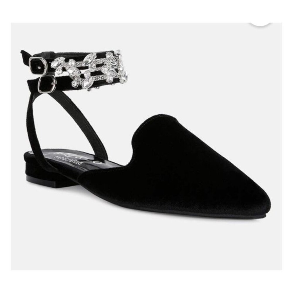 Rag & Co Salome Black Velvet Flat Rhinestone Ankle Strap Mule Sandals Size 6